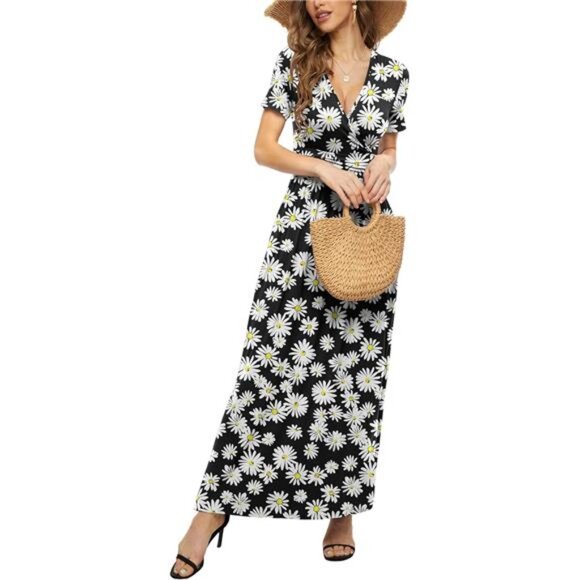 Women's Summer Short Sleeves Dress Wrap Waist Maxi Dresses with - Picture 3 of 4